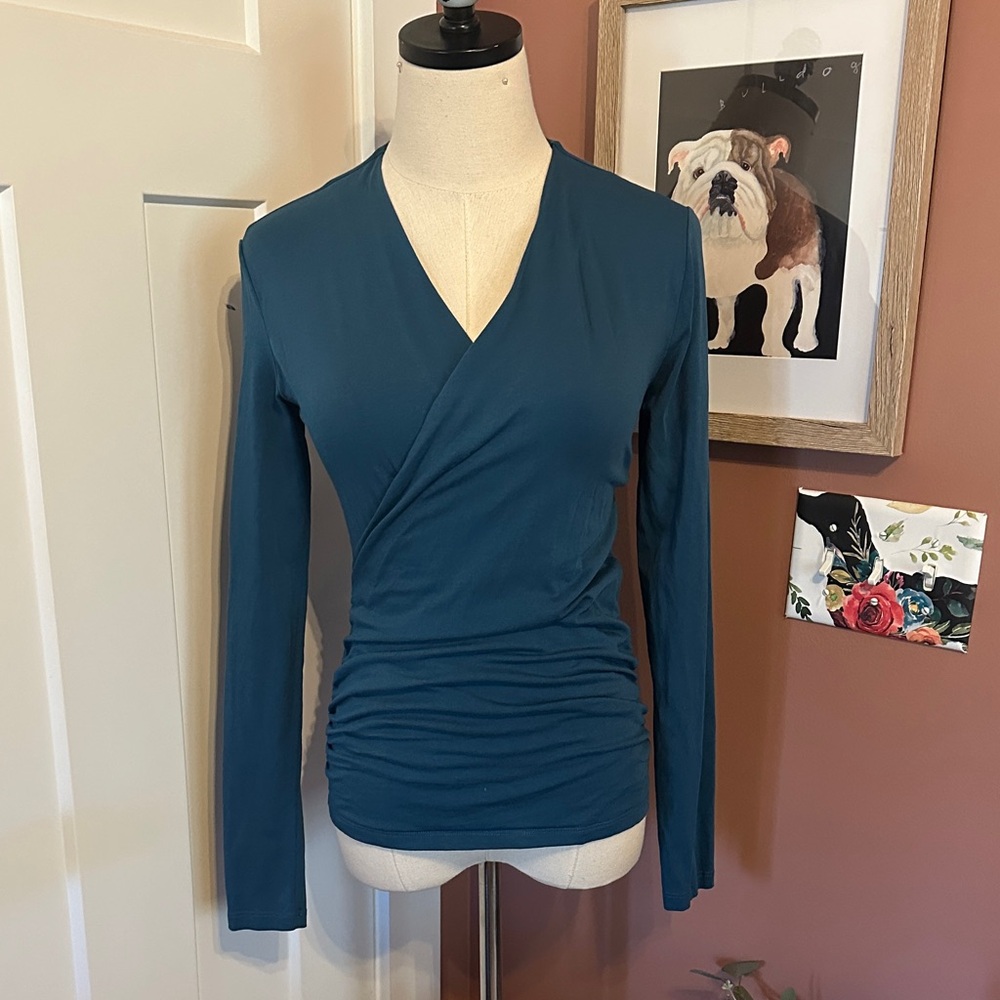 Sundance Raquel Teal faux Wrap XS long sleeve cotton spandex fitted vneck shirt